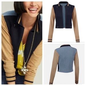 CABI Turn Back Varsity Open Front Sweater Colorblock Sz Med Blue Tan Preppy